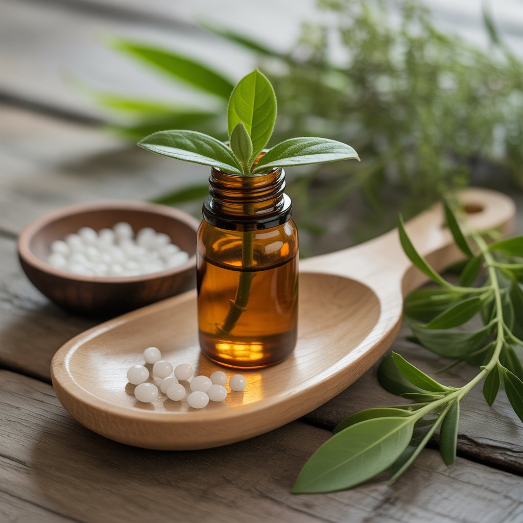 Holistic Healing - Natural homeopathic medicine with plant sprout and healing beads